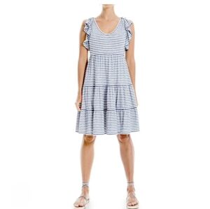 Max Studio Jersey Ruffle Sleeve Tiered Blue White Stripe Casual Dress XS